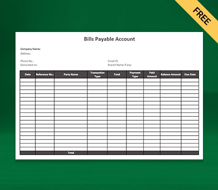 Download Professional Bills Payable Account Format in Excel