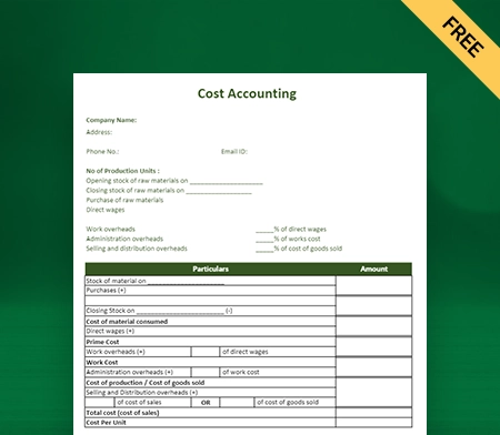 Download Cost Accounting Format in Excel
