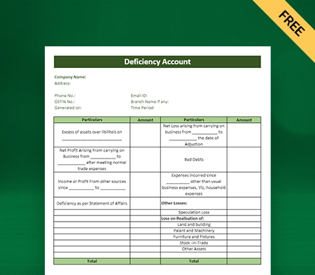 Download Deficiency Account Format in Excel