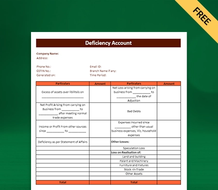 Download Best Deficiency Account Format in Excel