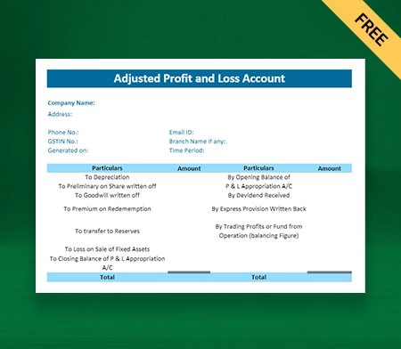 Download Free Profit And Loss Adjustment Account Format in Excel