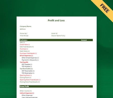 Download Profit and Loss Account Format in Excel