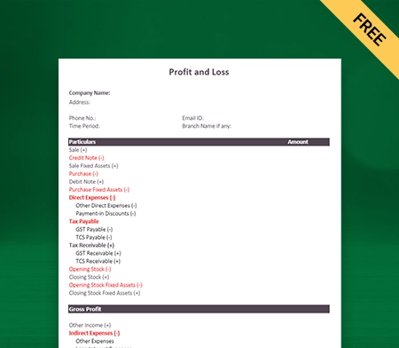 Download Free Profit and Loss Account Format in Excel