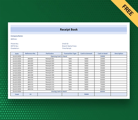 Download free Receipt Book Format in Excel