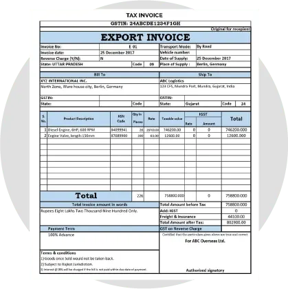 GST export invoice template