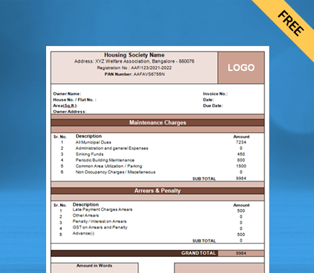 Download Housing society maintenance invoice template word