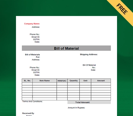 Bill of Material Format in Excel