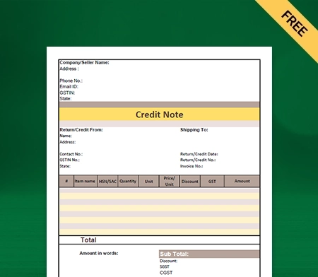 GST Credit Note Format in Excel