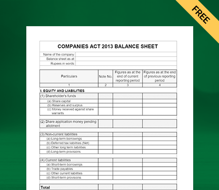 Balance Sheet Format as per Companies Act 2013 Type I