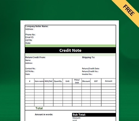 Credit Note Format in GST Free Download