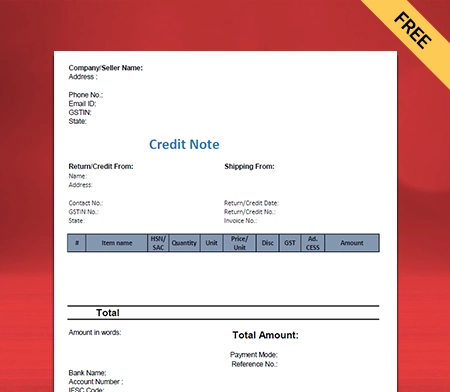 Credit note format in PDF