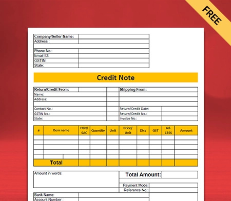 Free credit note format in PDF