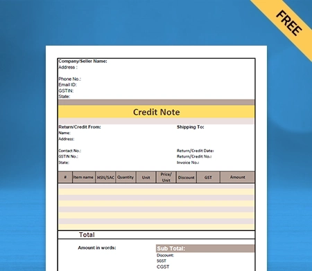 Credit Note Format in GST Free Download