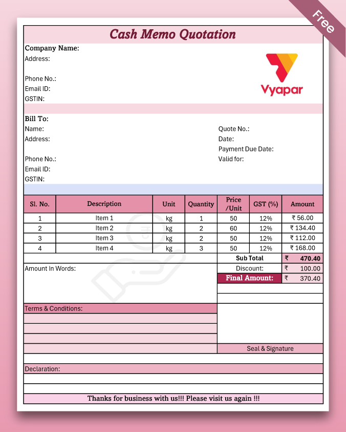 Cash Memo Bill Book Format