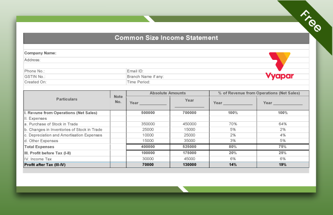 Excel format of common size income statement
