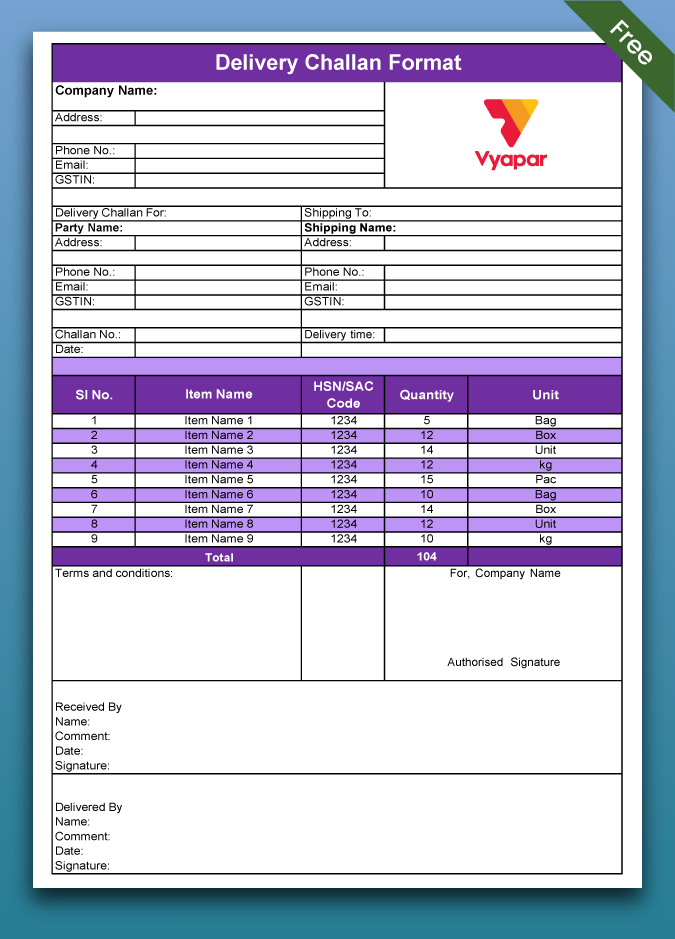 Delivery challan in Google Docs