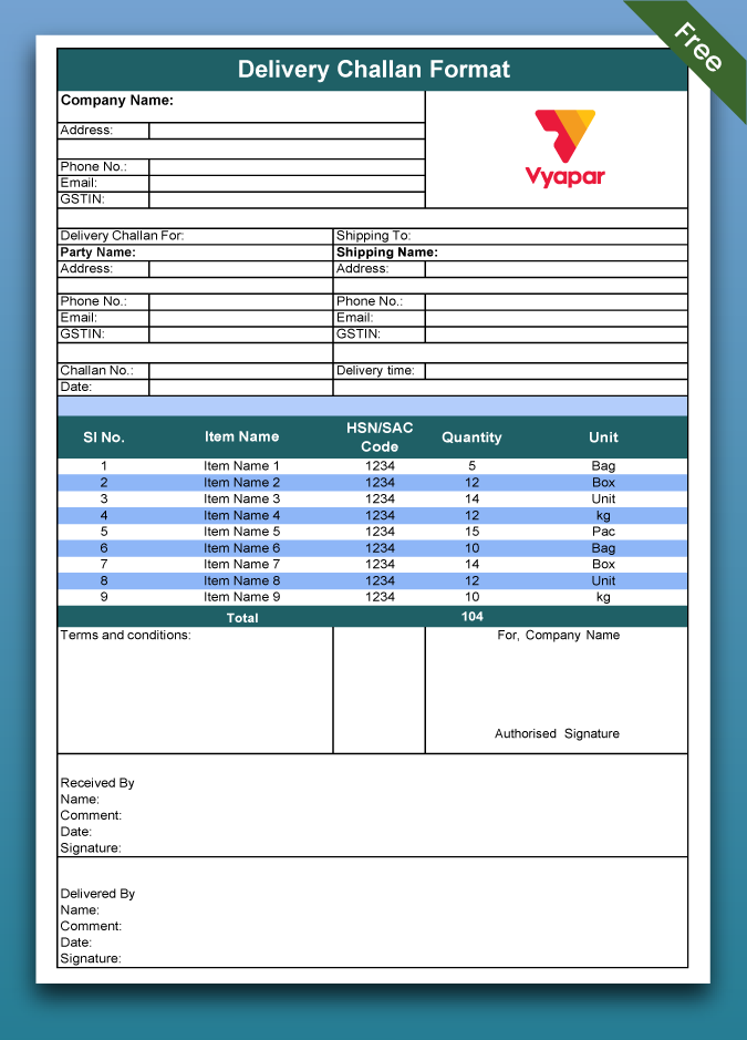 Free Docs delivery challan template