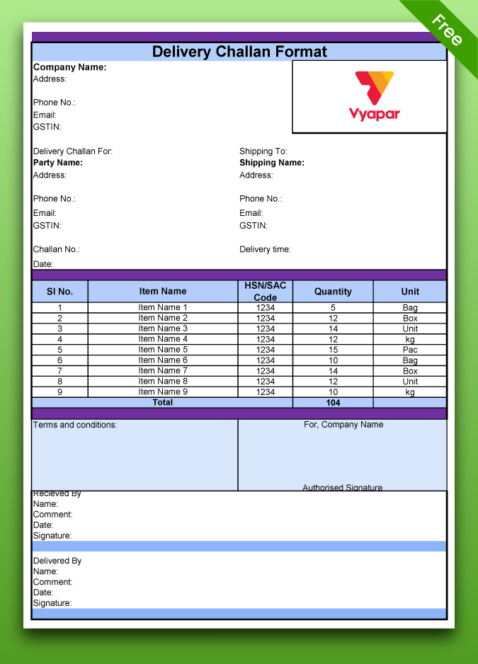 Excel delivery challan