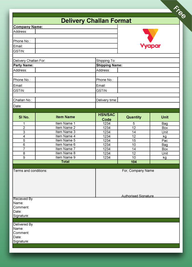 Vyapar delivery challan in excel