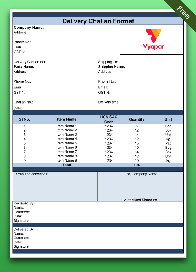 Free delivery challan in excel