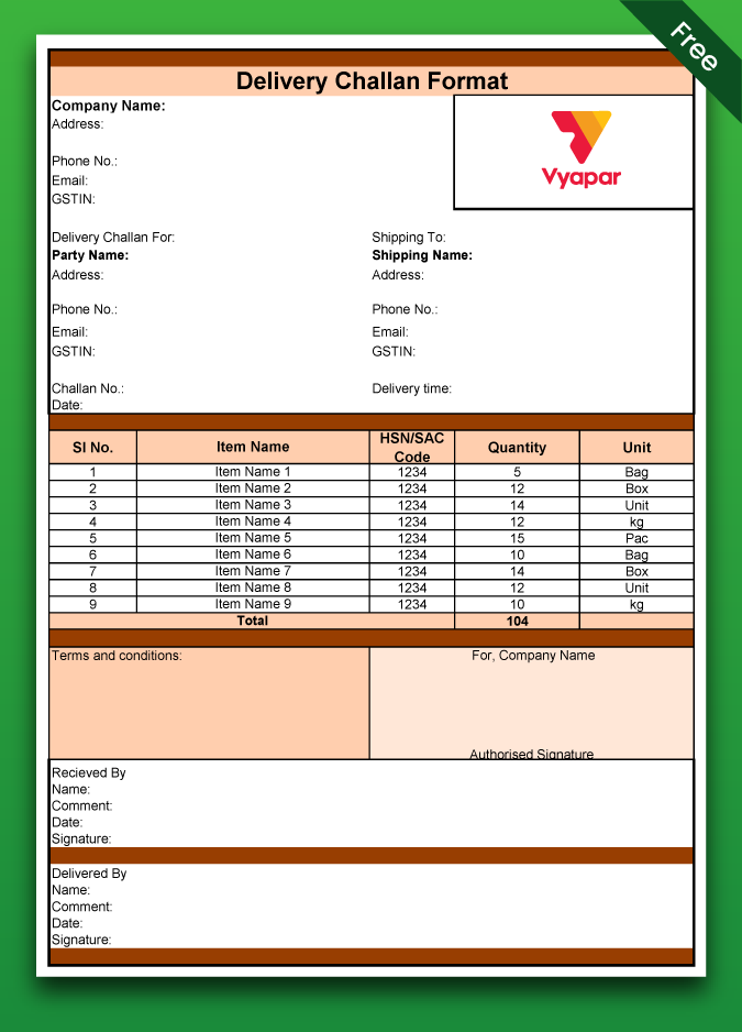 Excel delivery challan