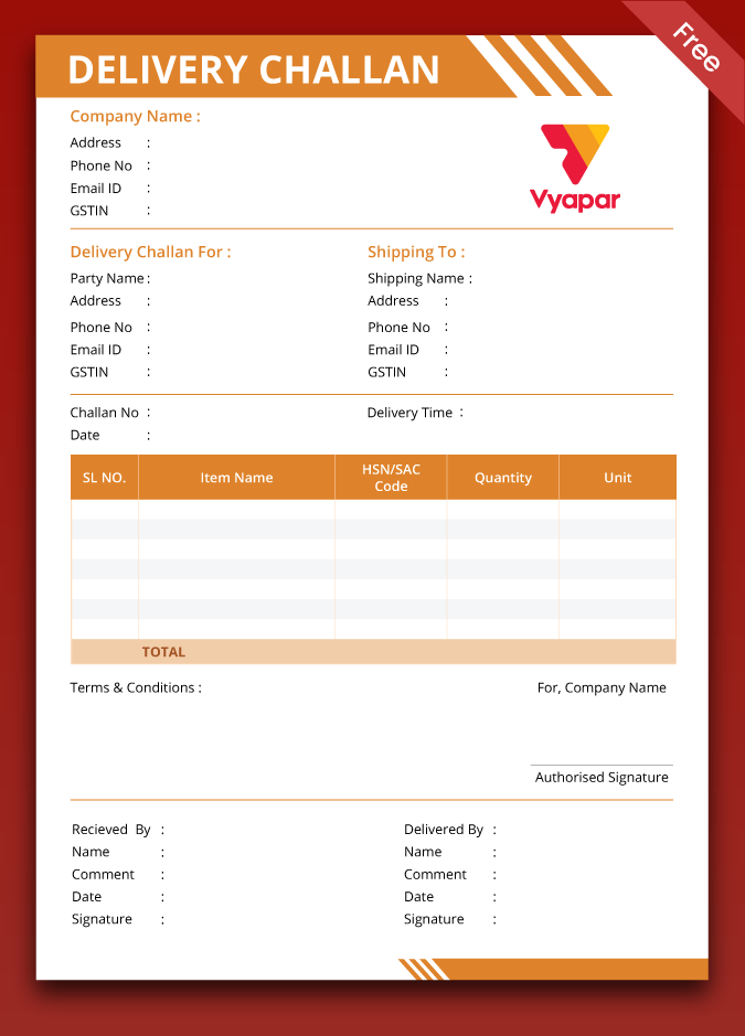 Free delivery challan in PDF format