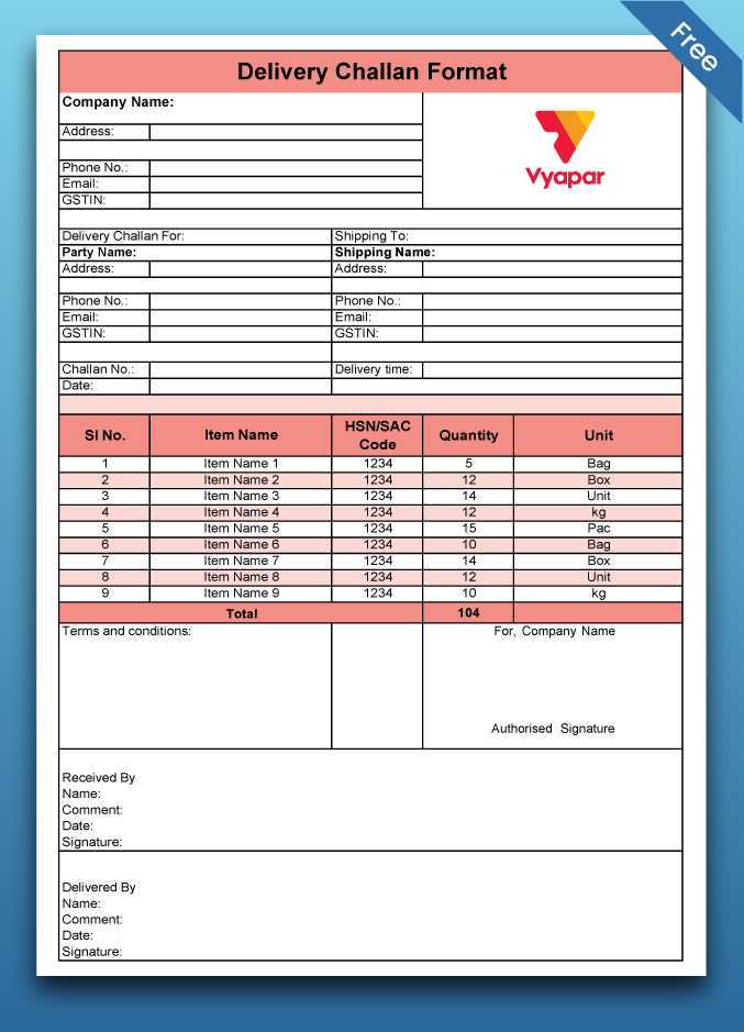 Delivery challan format in word