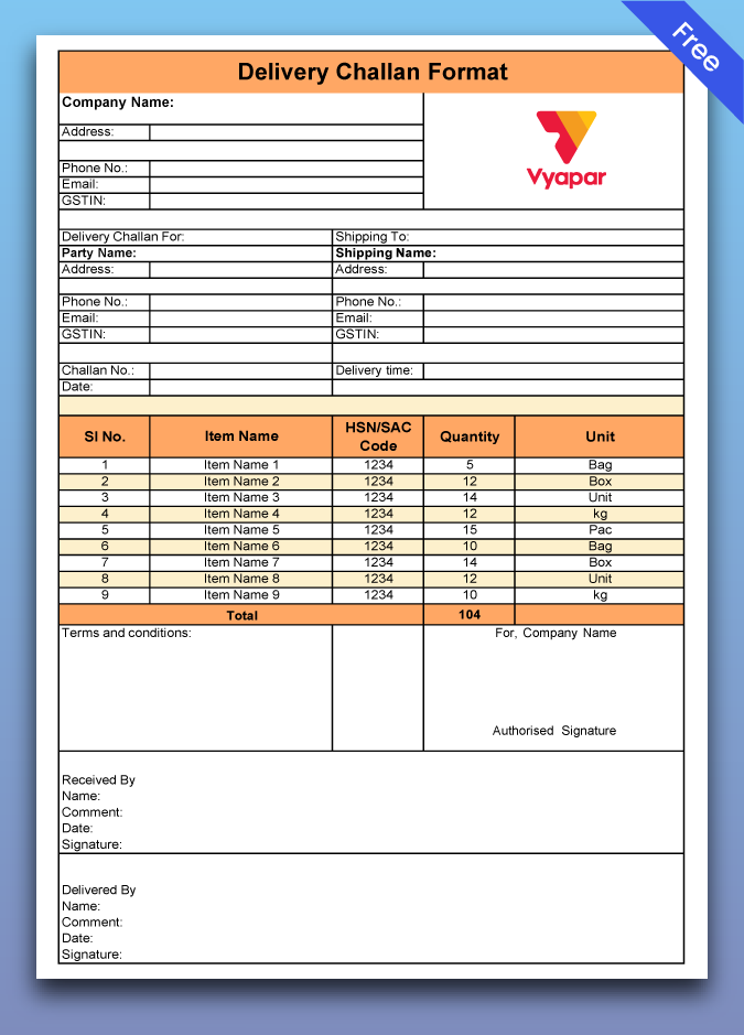 Word delivery challan format