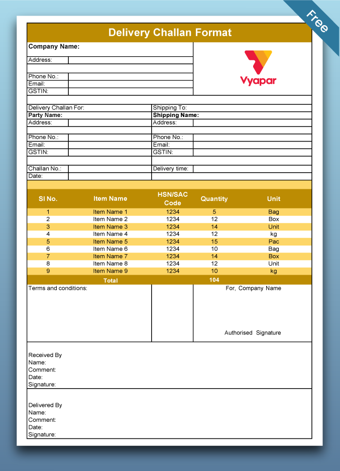 Free word delivery challan template