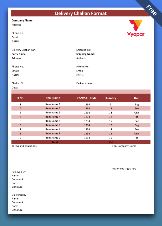 Download delivery challan in word