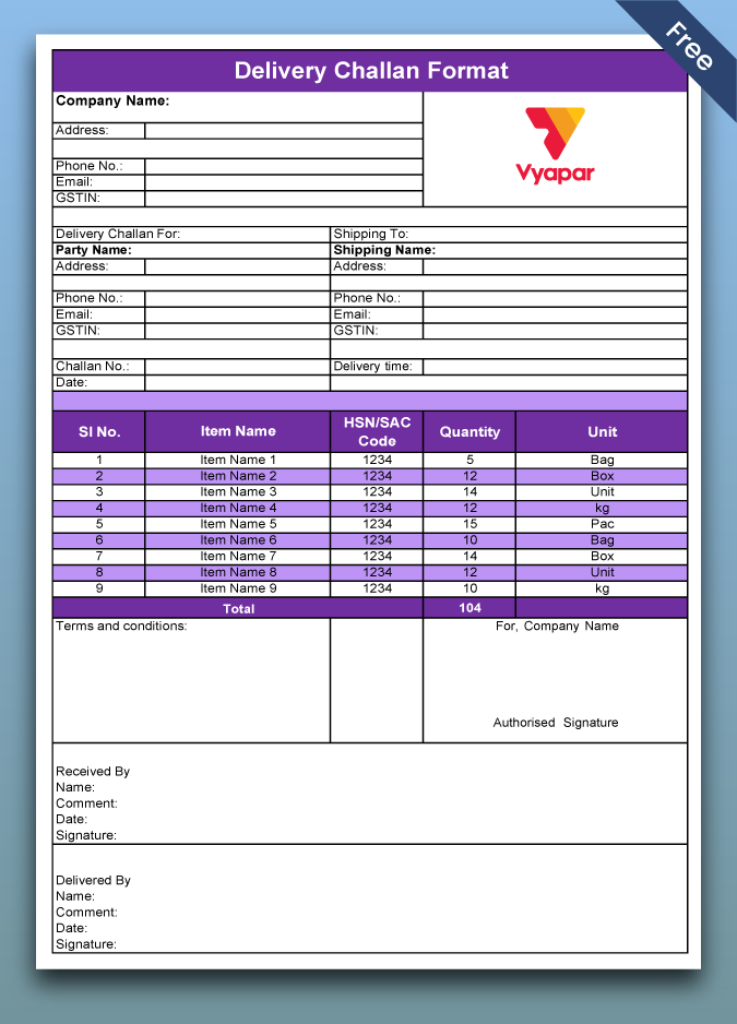 Free delivery challan word template