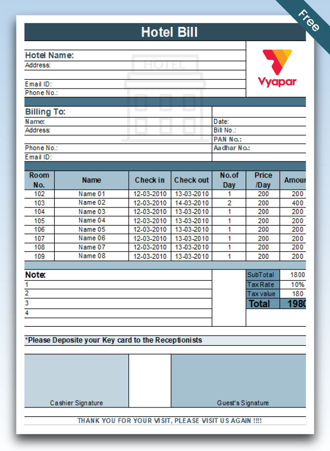 Hotel Bill Format In Word Excel Pdf Free Download Hotel Bill Format In Word Excel Pdf Free Download