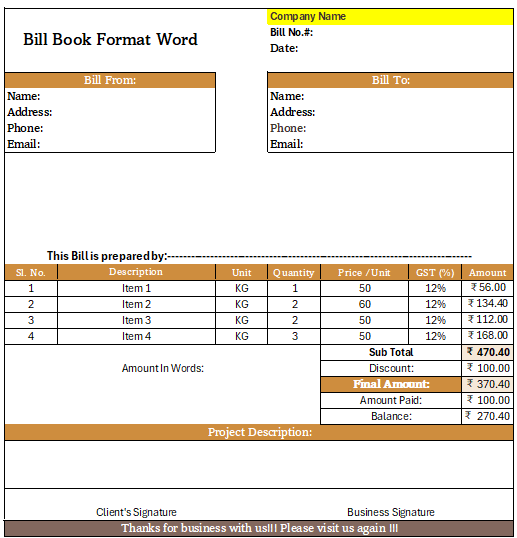 Bill Book Format Word-2