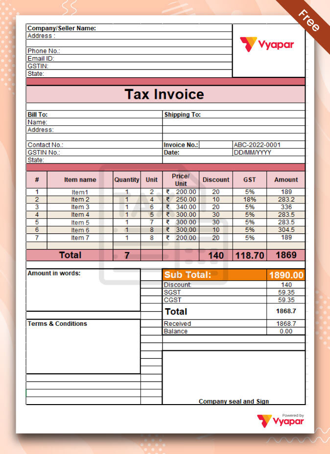 GST Invoice Format In Excel Word Pdf Example Of Gst Tax Invoice In ...