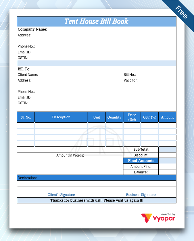 Tent House Bill Book Format-3