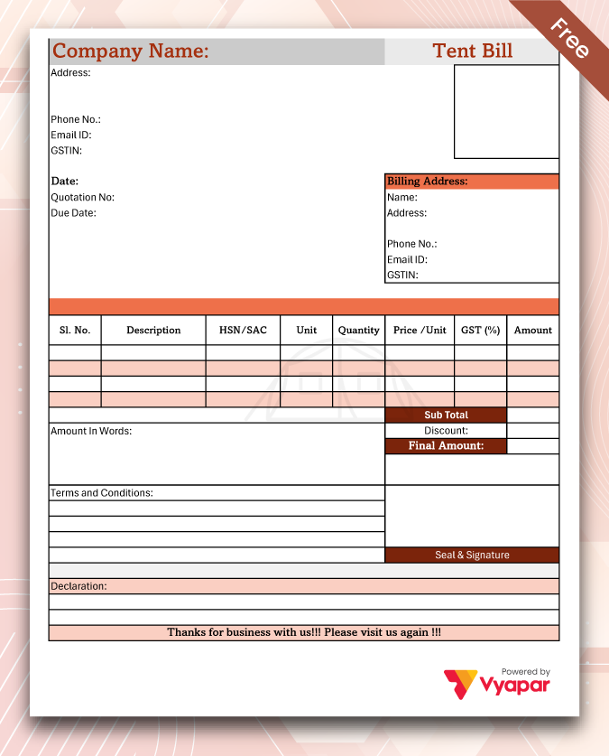 Tent House Bill Book Format-4