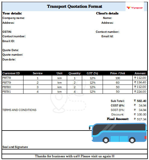 Quotation Format For Transport Services