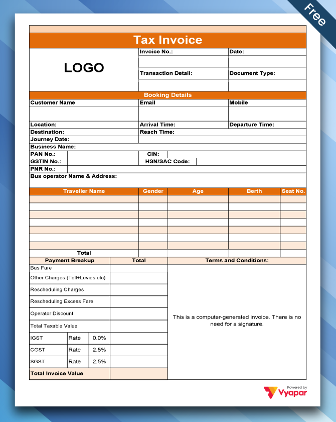 Create bus tickets invoice using Vyapar in Word format