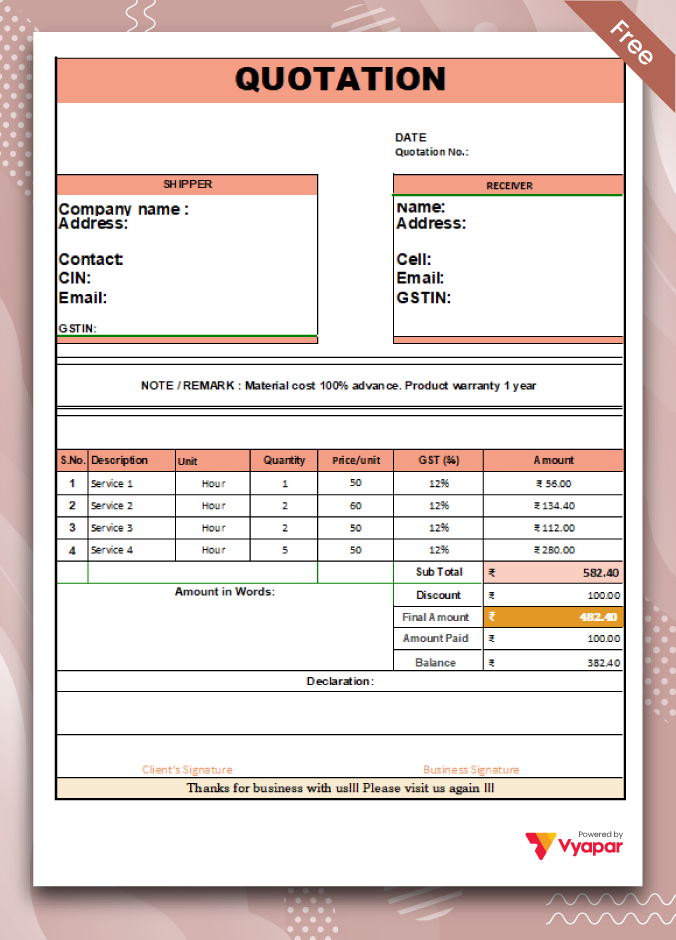 computer quotation format in Excel