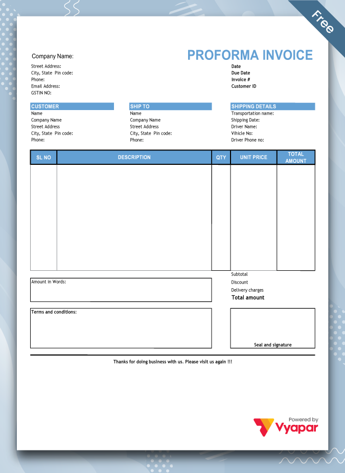 Proforma Invoice Format With Delivery Charges