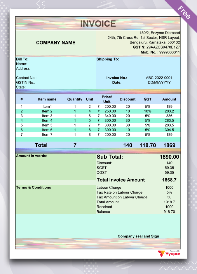 GST Invoice Format With Labour Charges