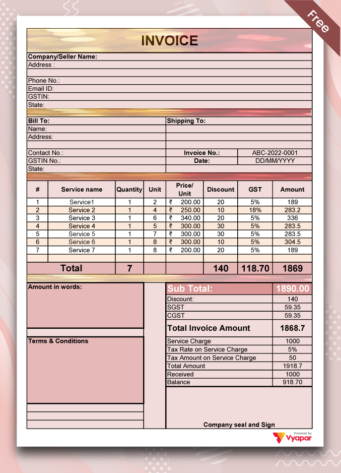 GST Bill Format with service charges