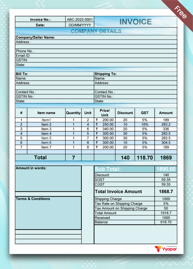 GST Bill Format With Shipping Charges