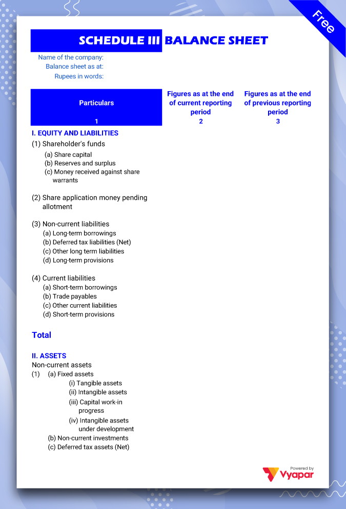 Schedule 3 Balance Sheet Format Type IV