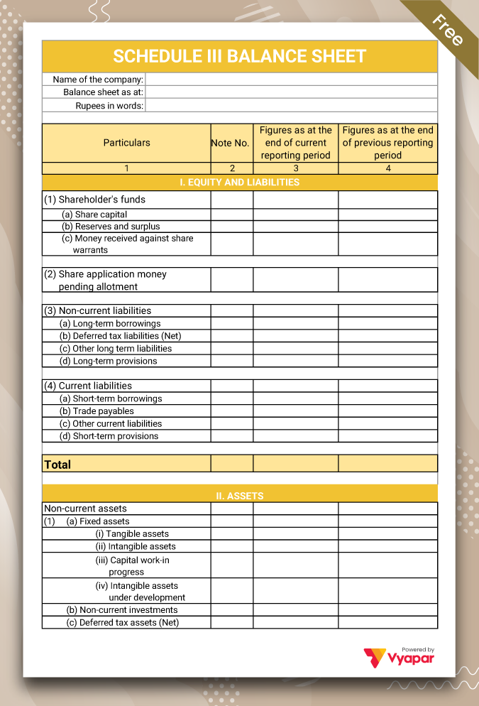 Schedule 3 Balance Sheet Format Type III