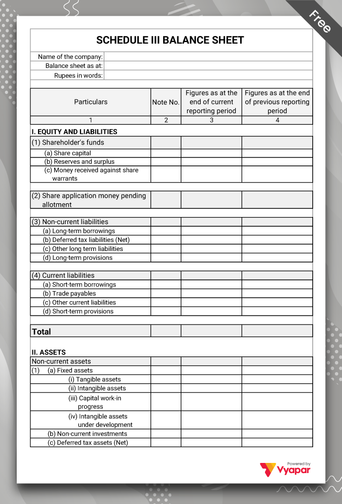 Schedule 3 Balance Sheet Format Type I