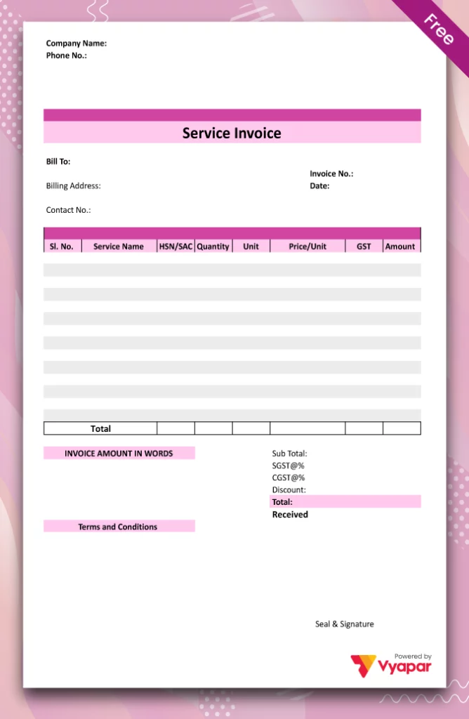 Service Invoice Format Type III