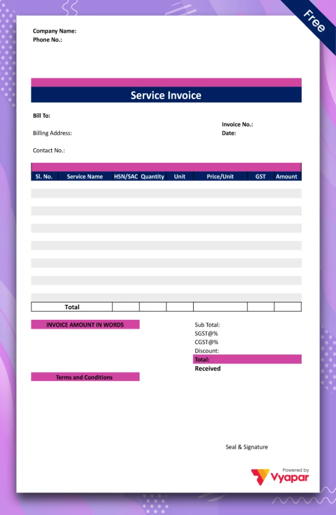 Service Invoice Format Type II