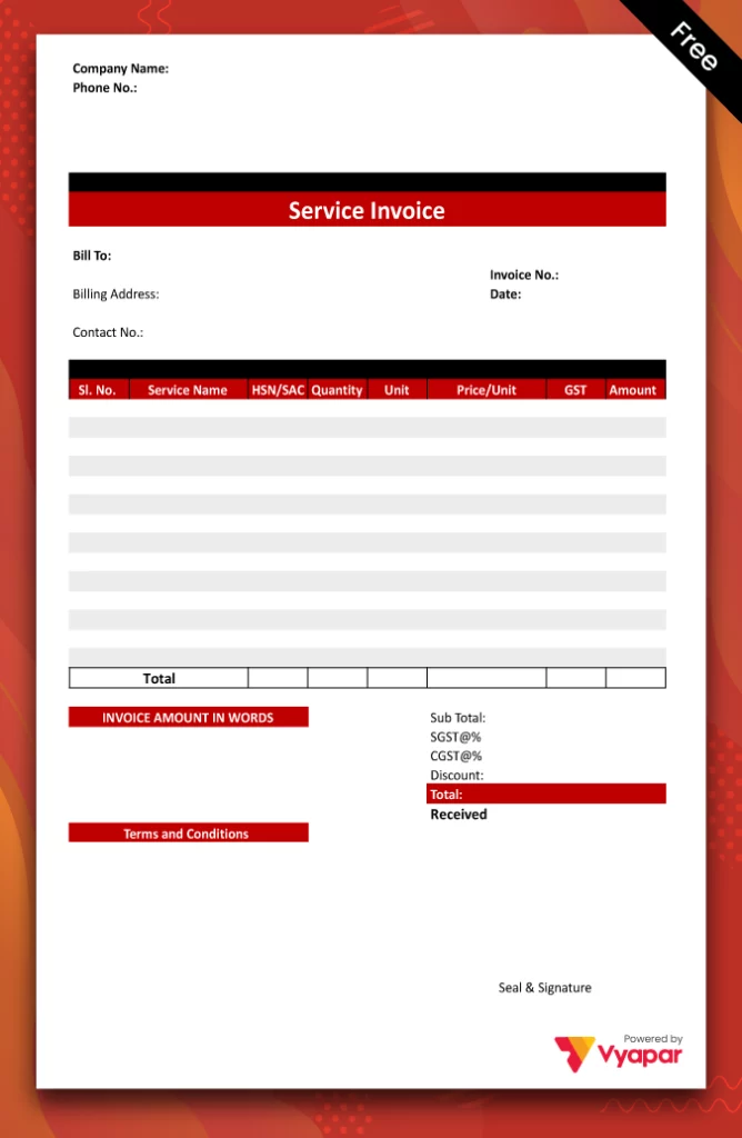 Service Invoice Format Type IV