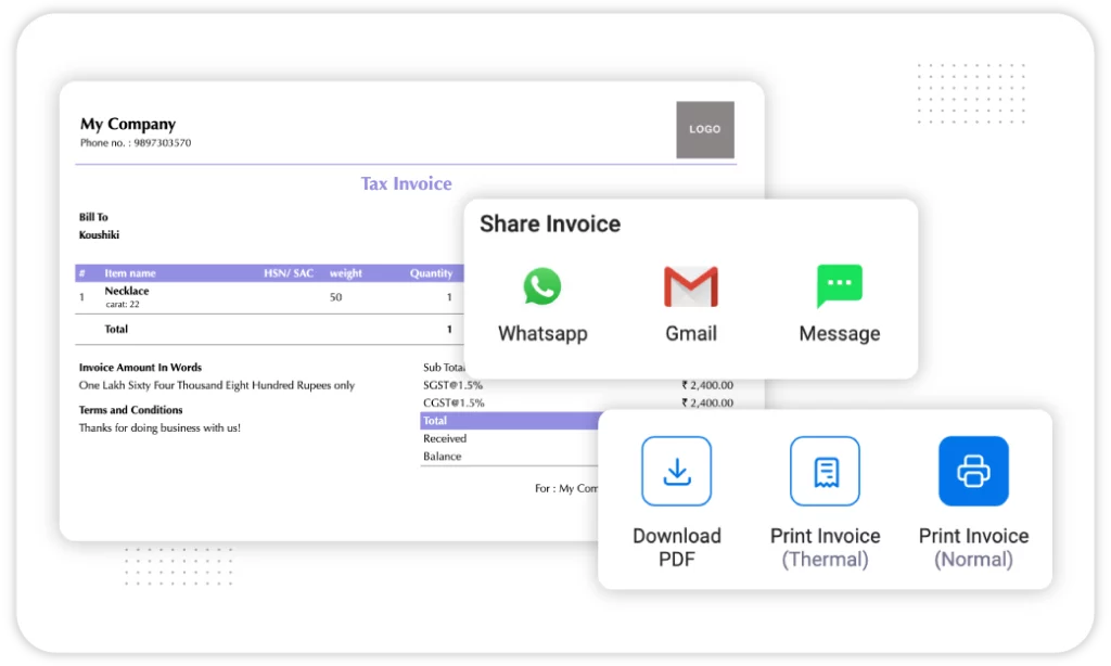 Quickly print or share invoices using free personal accounting app